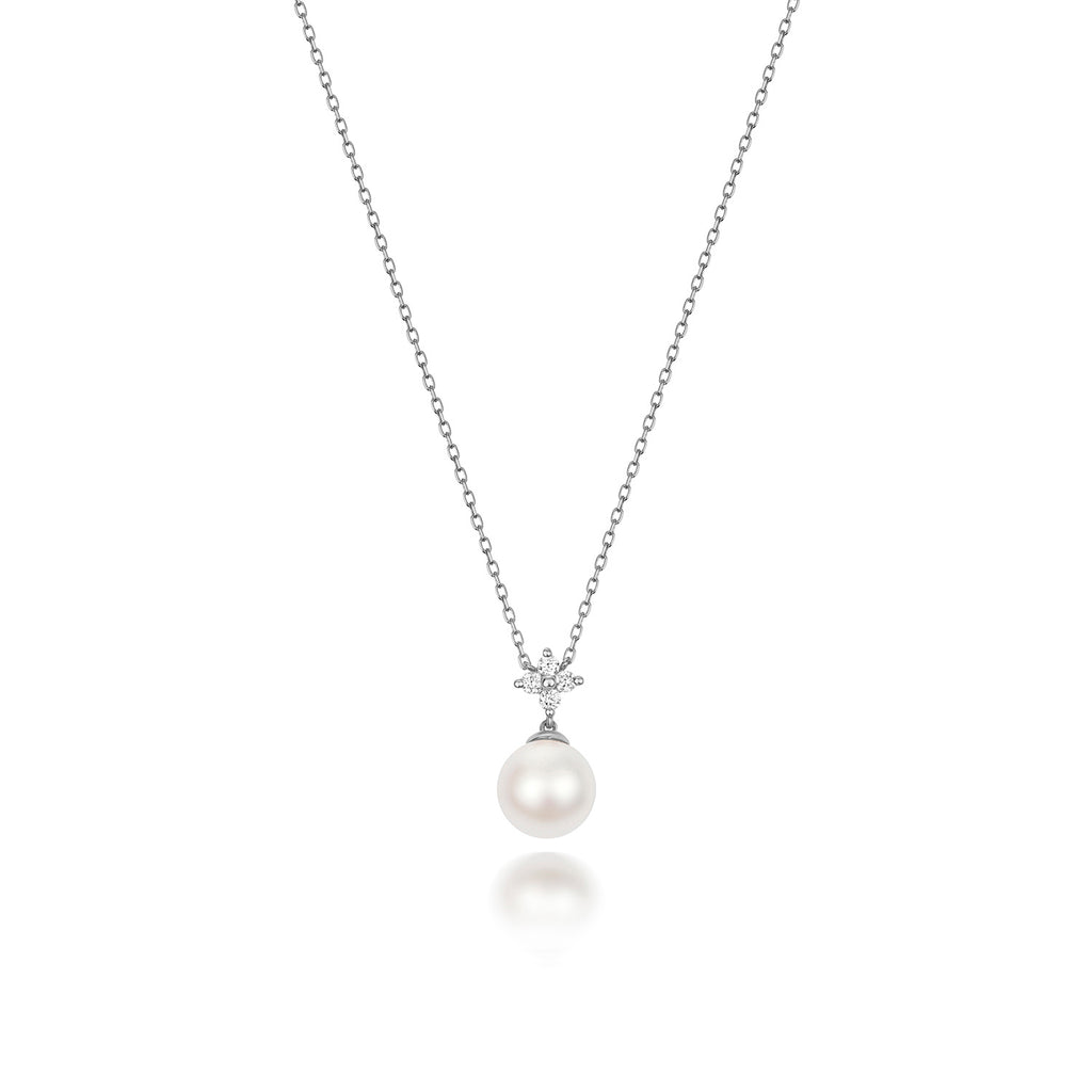 White Akoya Pearl & Diamond Necklace on White Background