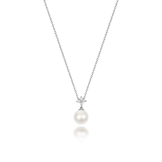 White Akoya Pearl & Diamond Necklace on White Background