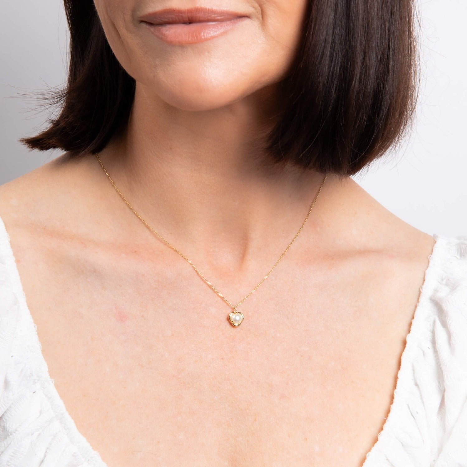 Pearl Petal Necklace in yellow gold on model