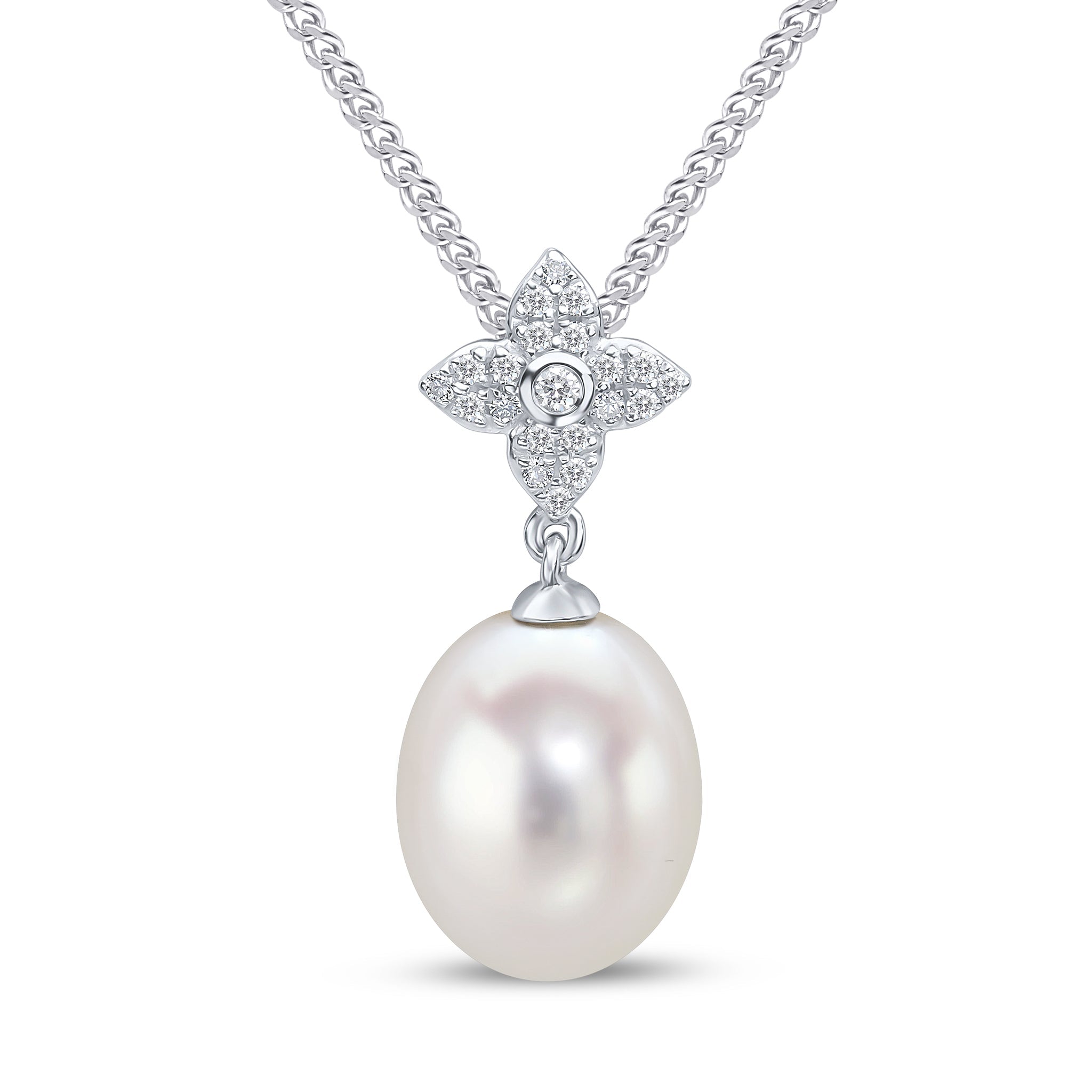Diamond set flower shaped pendant with suspended white pearl on a white gold chain