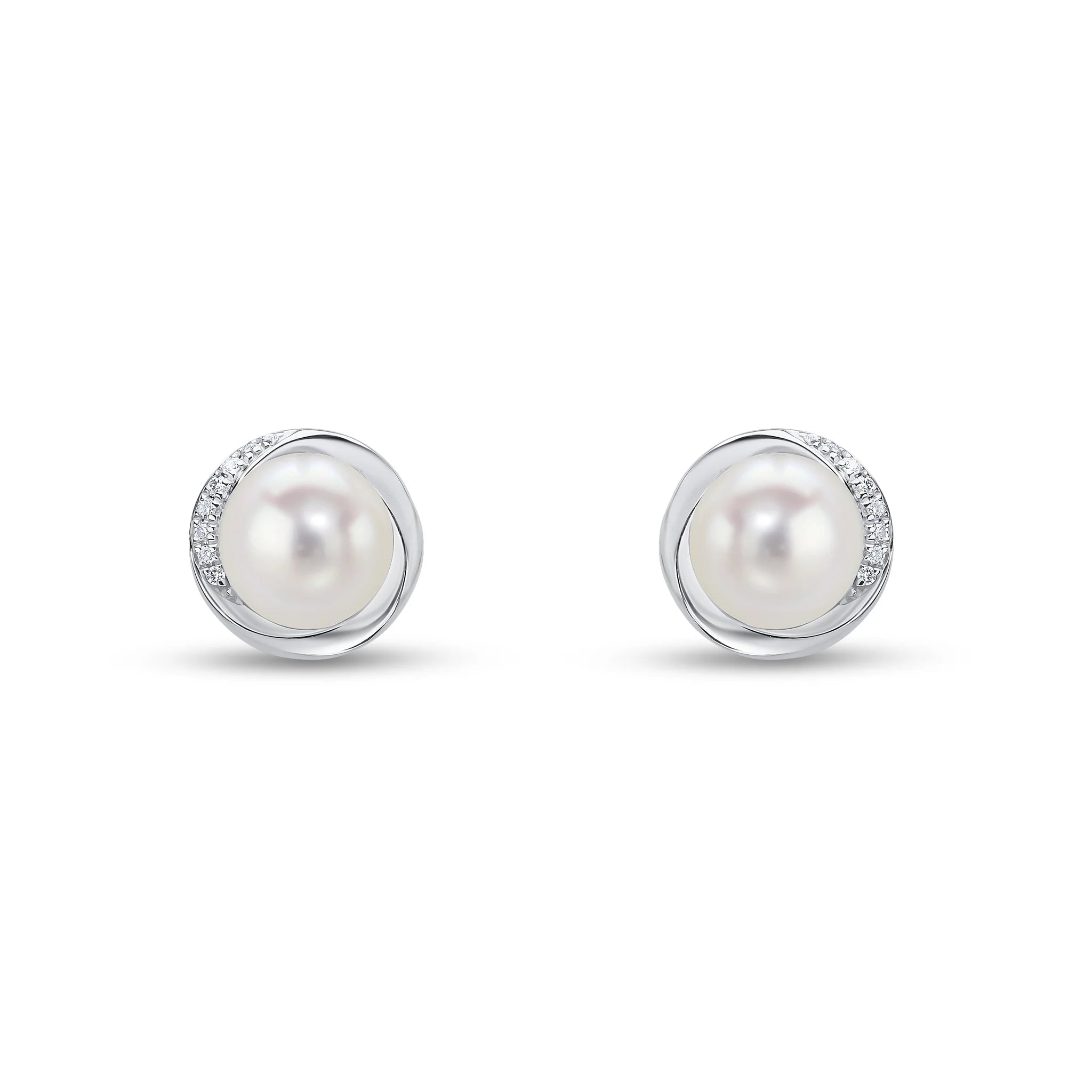 Pearl stud earring with diamond border in white gold on a white background