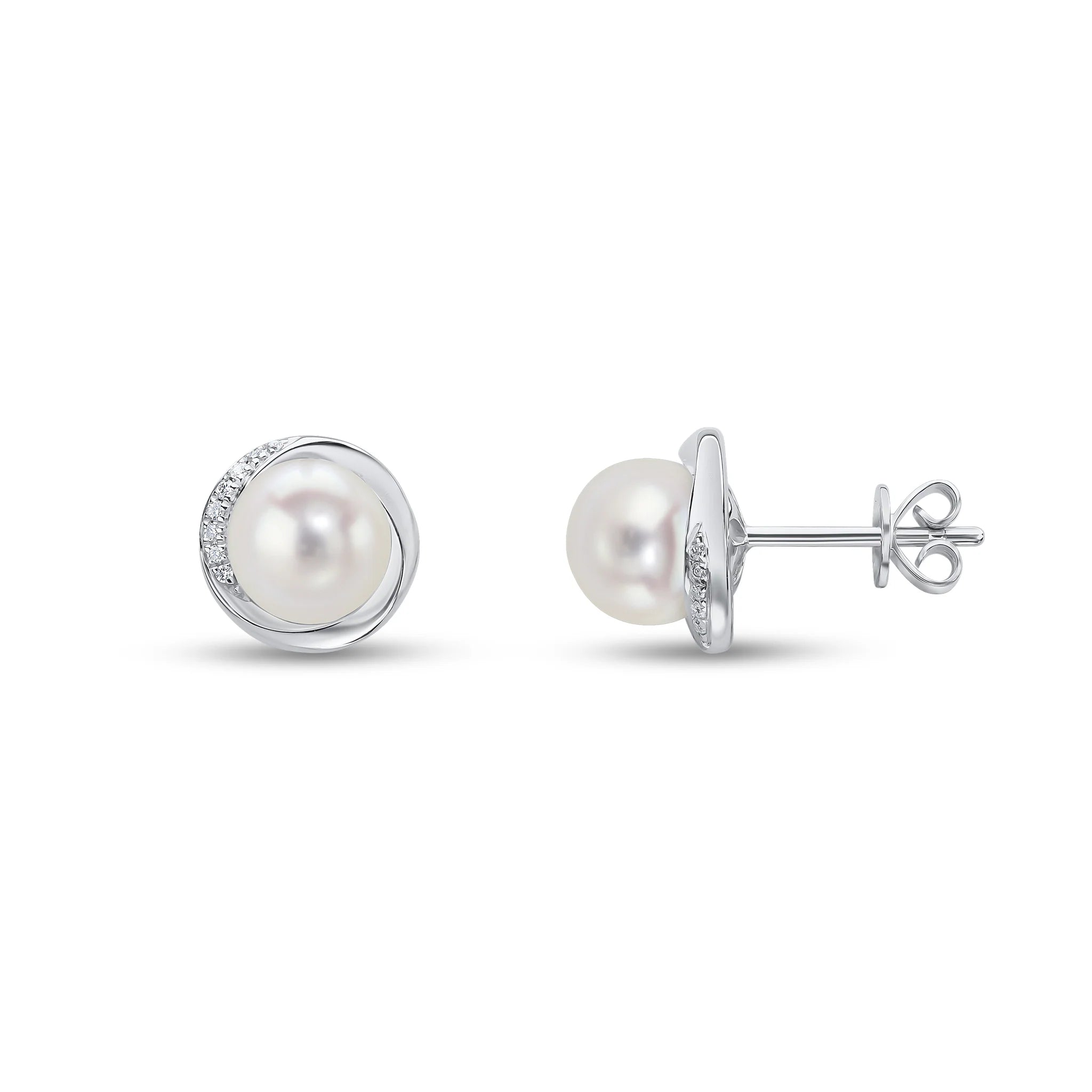 Pearl stud earring with diamond border in white gold - side view on a white background