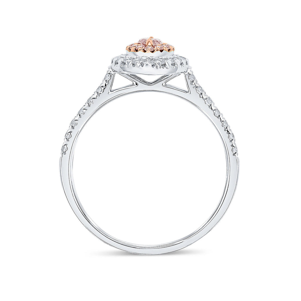 Pink Diamond Halo Engagement Ring - side view on a white background