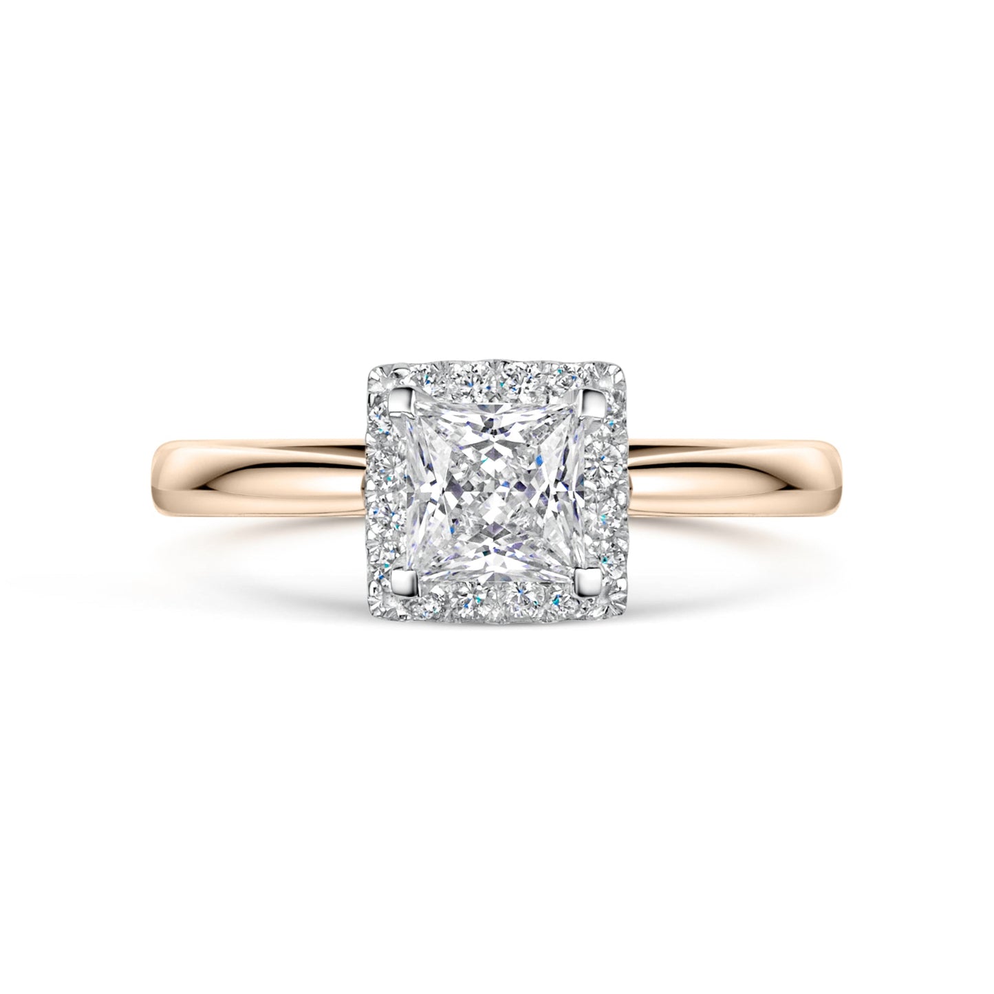 Rose gold diamond halo ring with a square diamond on a white background