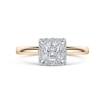 Rose gold diamond halo ring with a square diamond on a white background