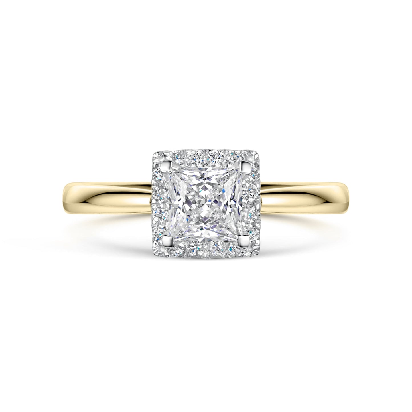 Yellow gold halo ring with a square-cut diamond on a white background