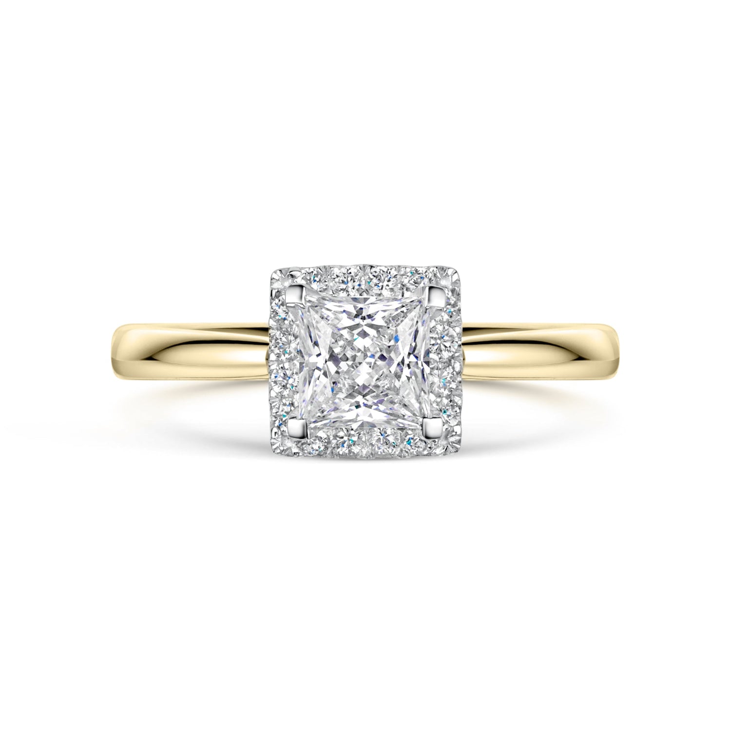 Yellow gold halo ring with a square-cut diamond on a white background