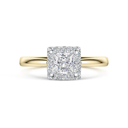Yellow gold halo ring with a square-cut diamond on a white background