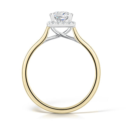 Princess Cut Diamond Halo Engagement Ring in Yellow Gold - side view - on a white background