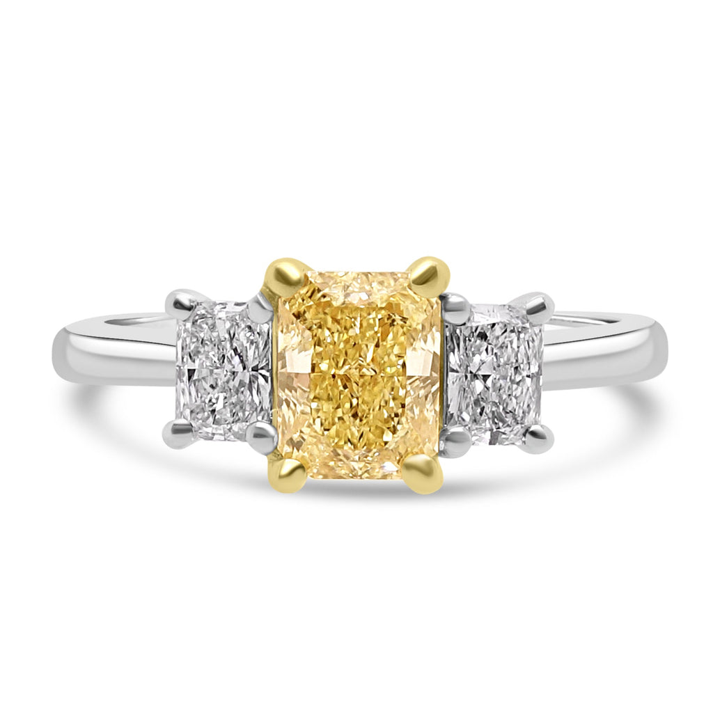  Radiant Yellow Diamond Ring with white diamonds on a white background