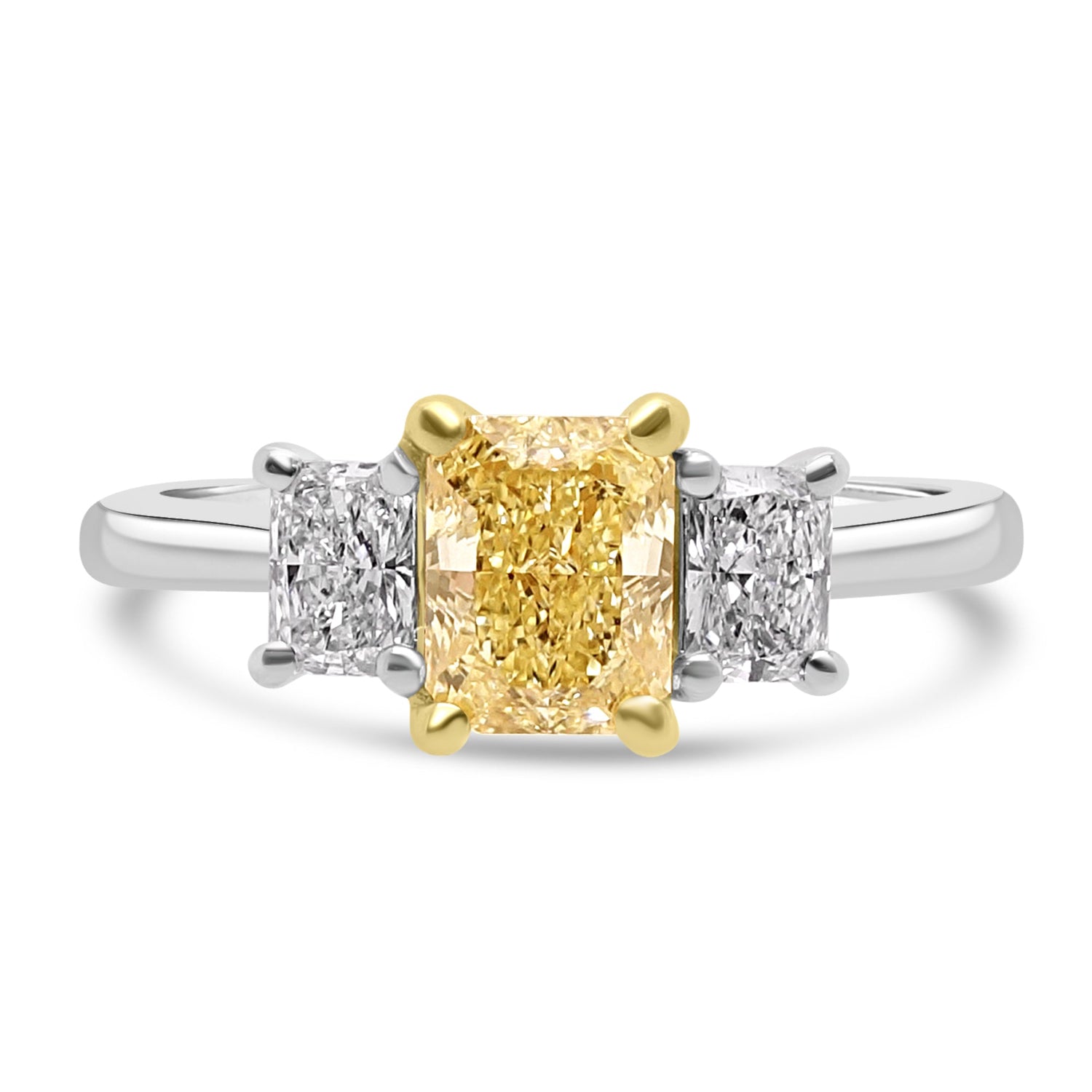  Radiant Yellow Diamond Ring with white diamonds on a white background