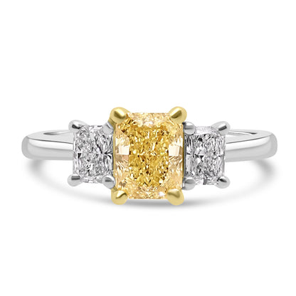  Radiant Yellow Diamond Ring with white diamonds on a white background