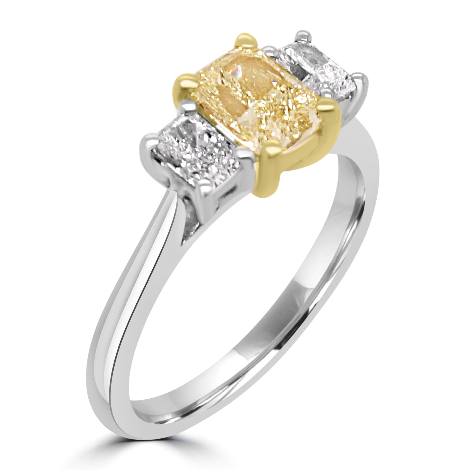  Radiant Yellow Diamond Ring with white diamonds - angled on white background 