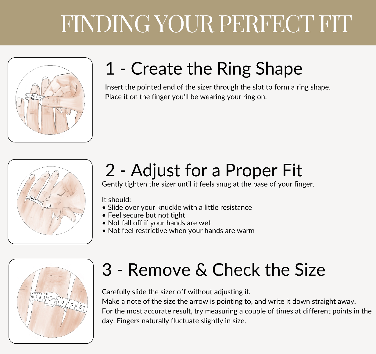 Instructions for finding the perfect ring size with illustrations and text.