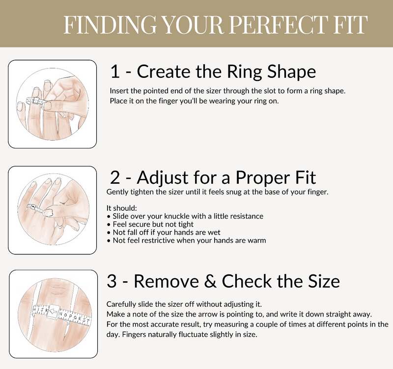 Instructions for finding the perfect ring size with illustrations and text.