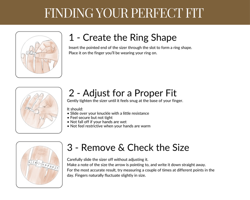 Instructions for finding the perfect ring size with step-by-step guidance.