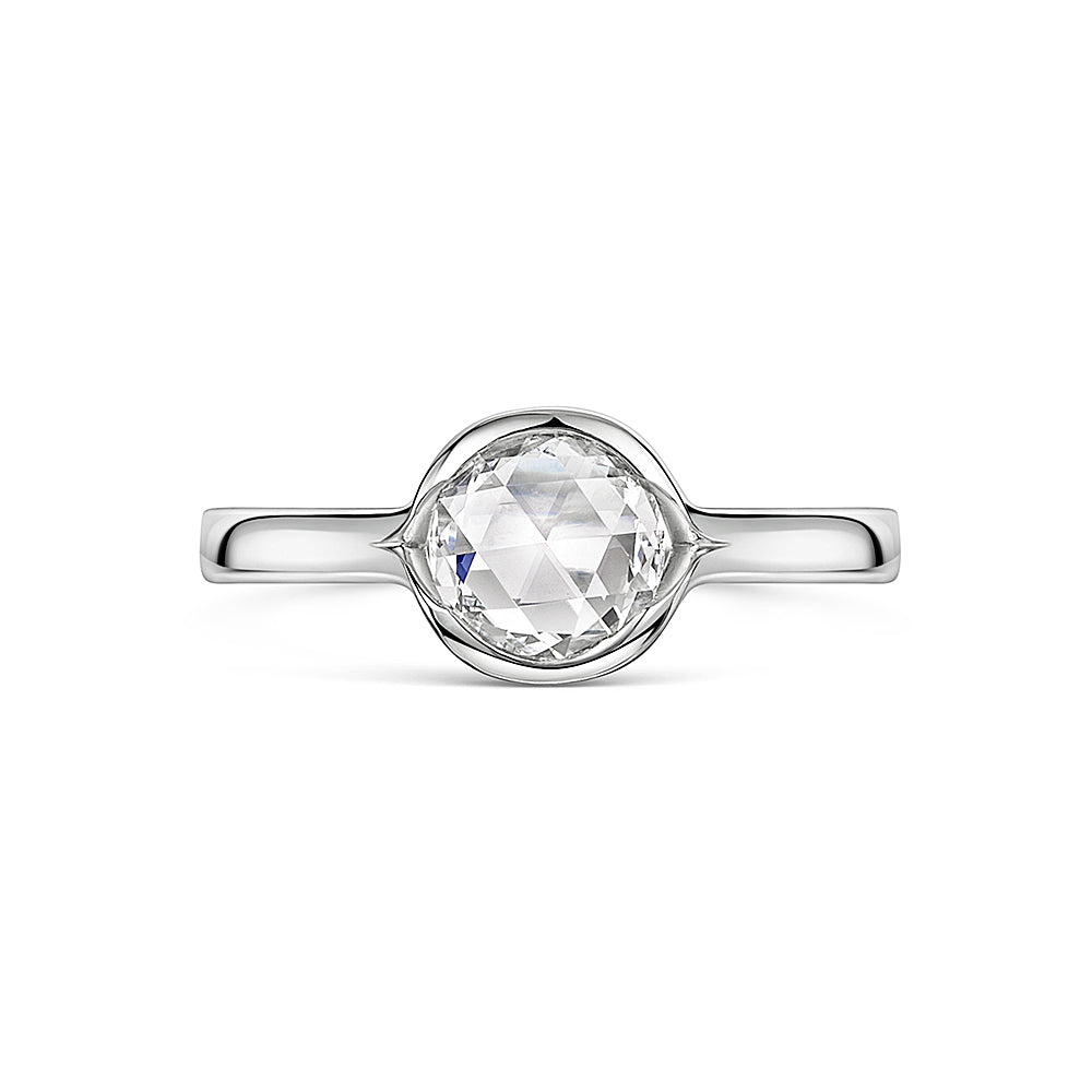 Rose Cut Diamond Engagement Ring in platinum on a white background 