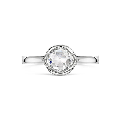 Rose Cut Diamond Engagement Ring in platinum on a white background 