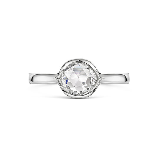Rose Cut Diamond Engagement Ring in platinum on a white background 