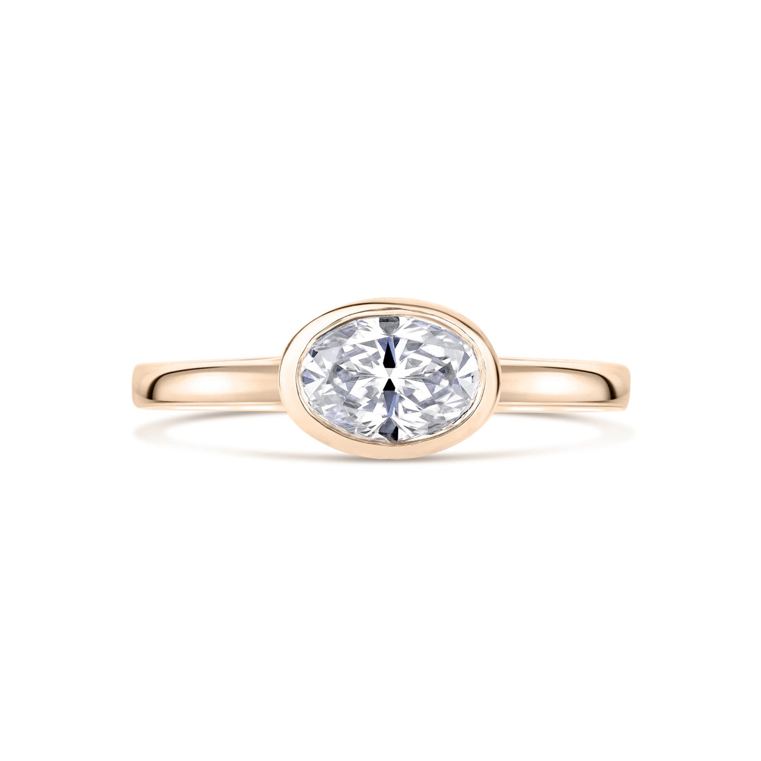 Rose Gold East West Oval Diamond Solitaire Engagement Ring on white background 