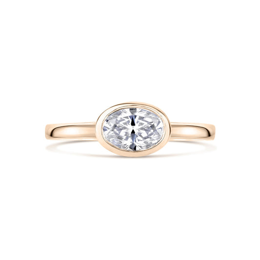 Rose Gold East West Oval Diamond Solitaire Engagement Ring on white background 