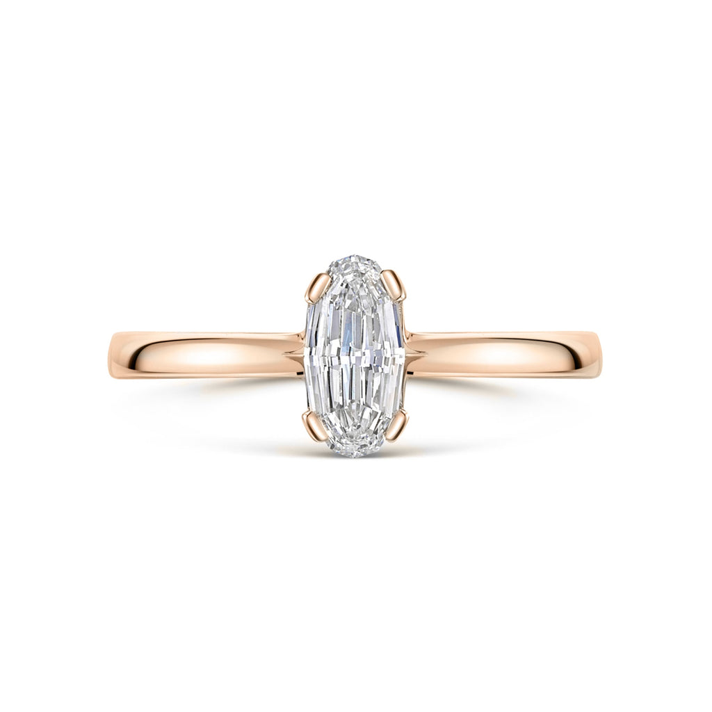 Rose Gold Signature Solitaire Engagement Ring with step cut oval diamond on a white background 