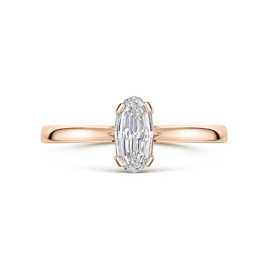 Rose Gold Signature Solitaire Engagement Ring with step cut oval diamond on a white background 