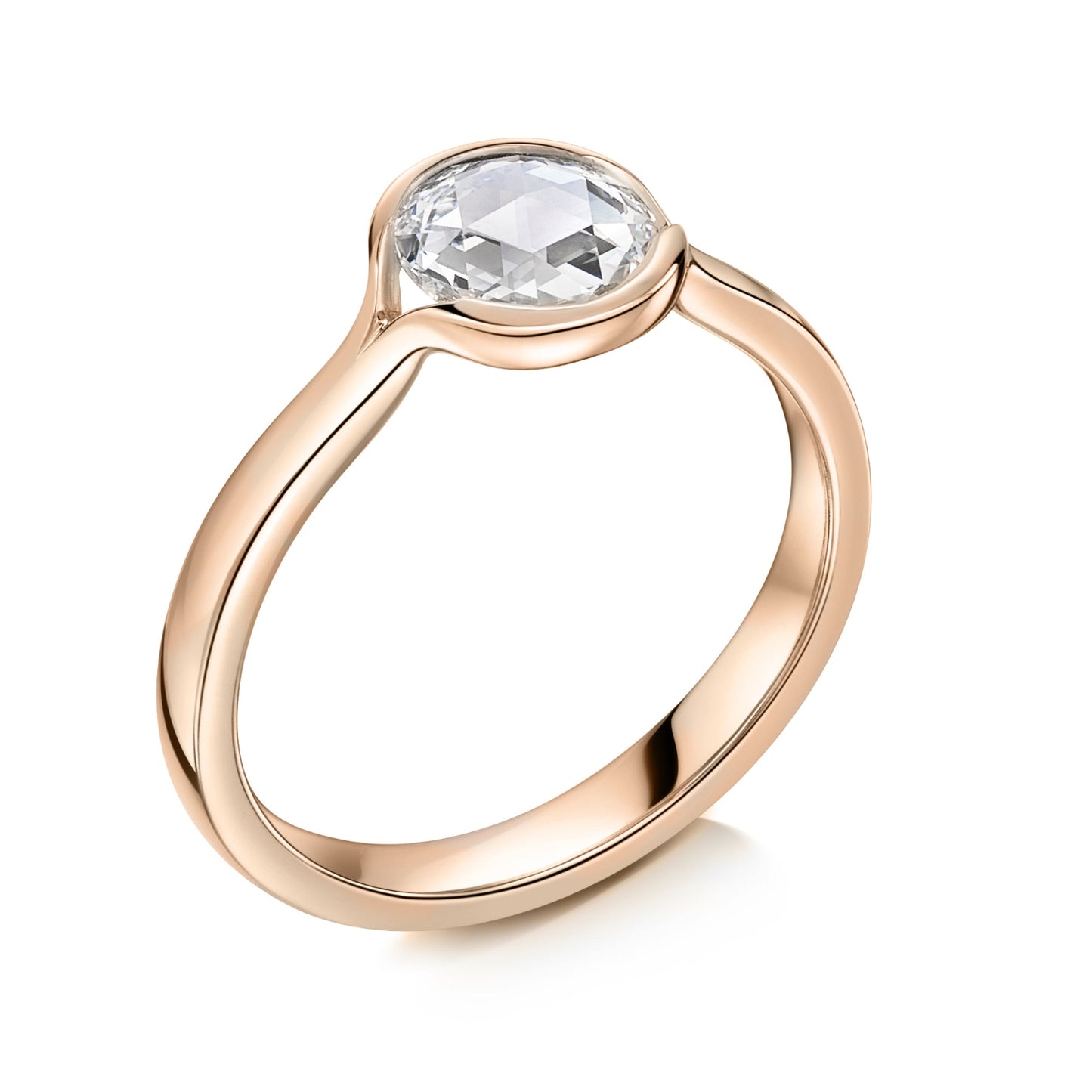 Rose cut diamond in rose gold - angled view on a white background 