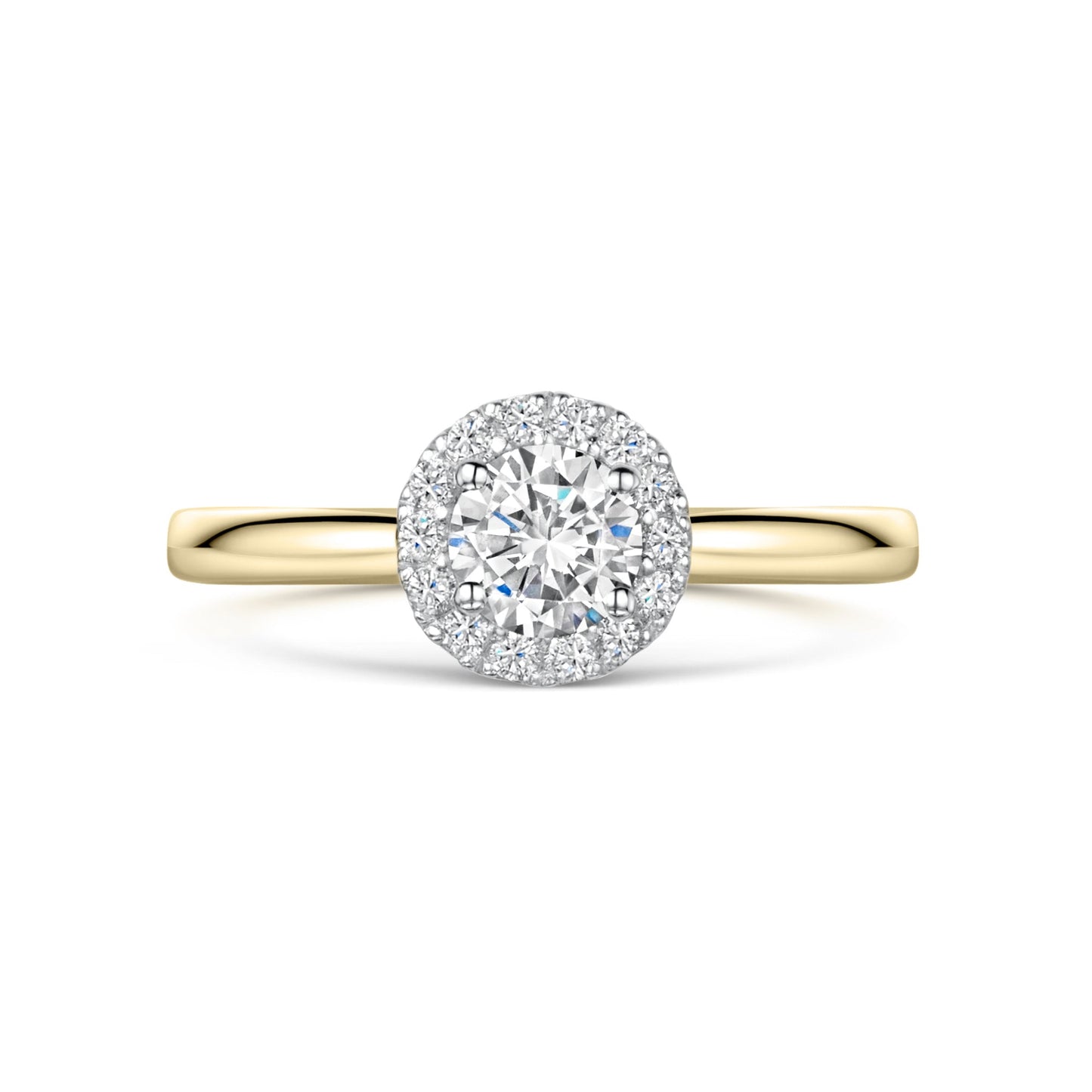 Round Diamond Halo Engagement Ring in Yellow Gold on white background