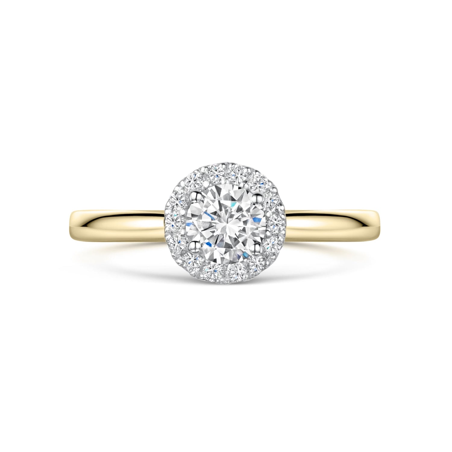 Round Diamond Halo Engagement Ring in Yellow Gold on white background