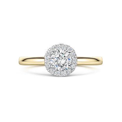 Round Diamond Halo Engagement Ring in Yellow Gold on white background