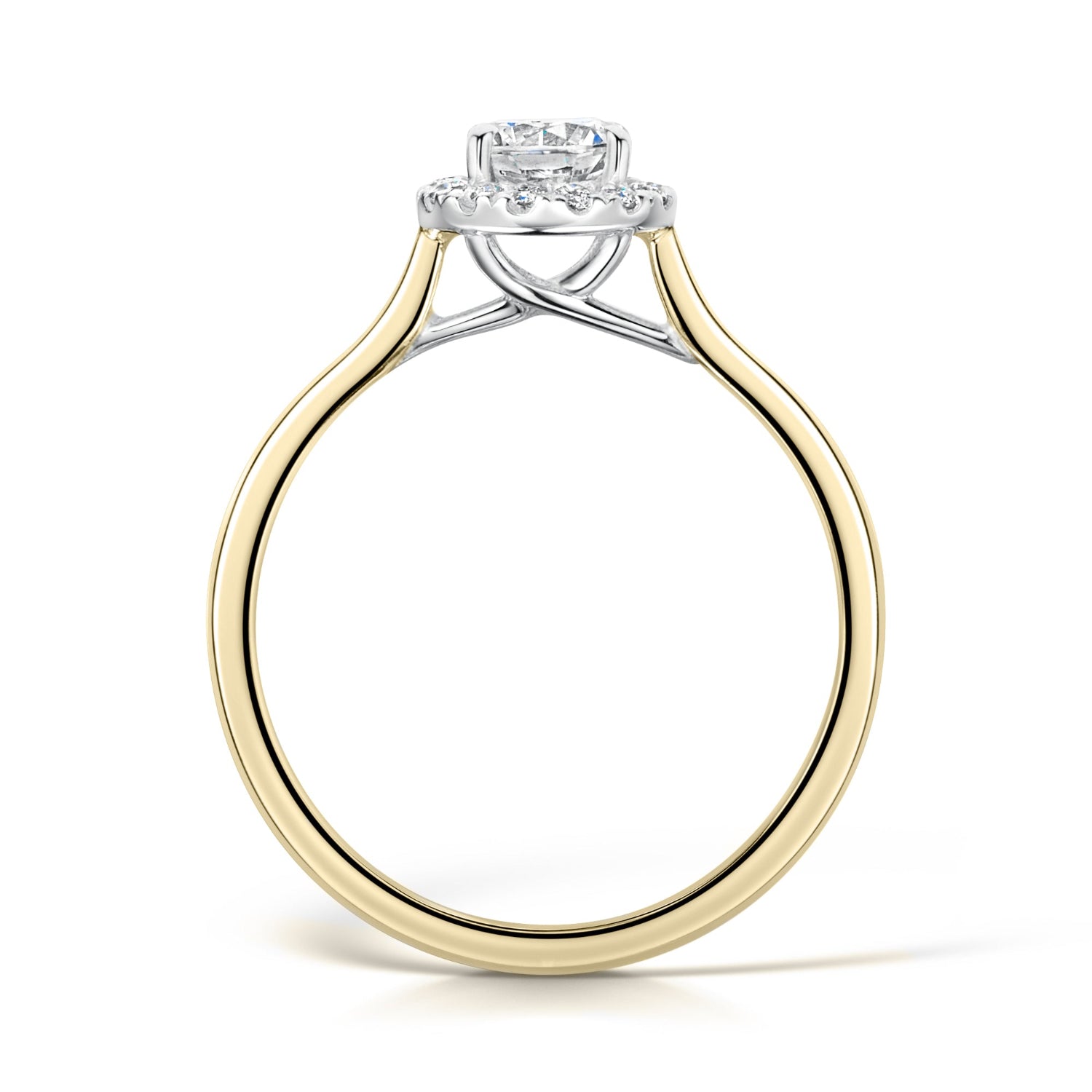 Round Diamond Halo Engagement Ring in Yellow Gold - side view on white background 