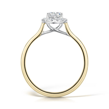 Round Diamond Halo Engagement Ring in Yellow Gold - side view on white background 