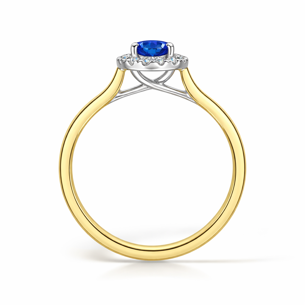 Round blue sapphire & diamond halo engagement yellow gold on a wite background