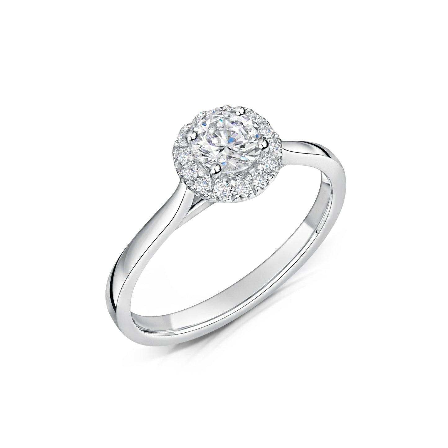 Round diamond halo engagement ring in platinum - angled on white background