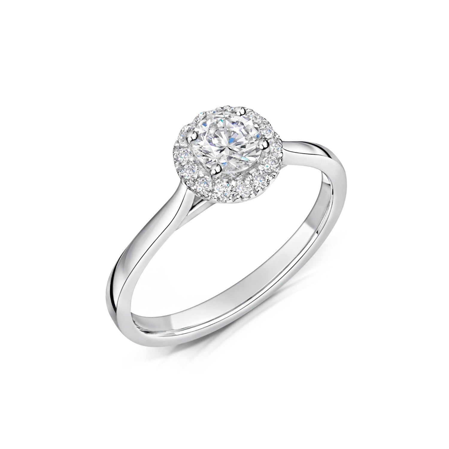 Round diamond halo engagement ring in platinum - angled on white background