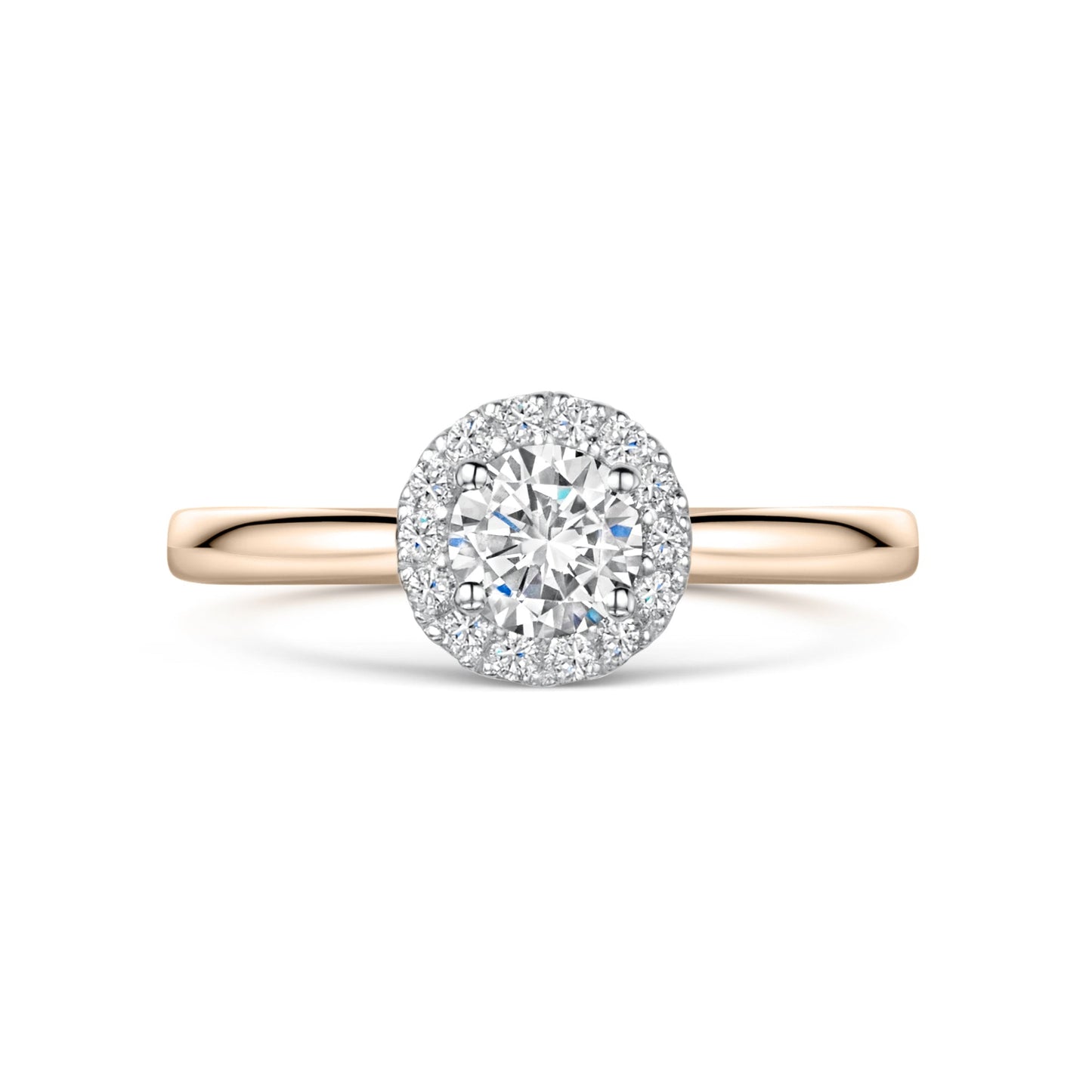 Round diamond halo engagement ring in rose gold on white background
