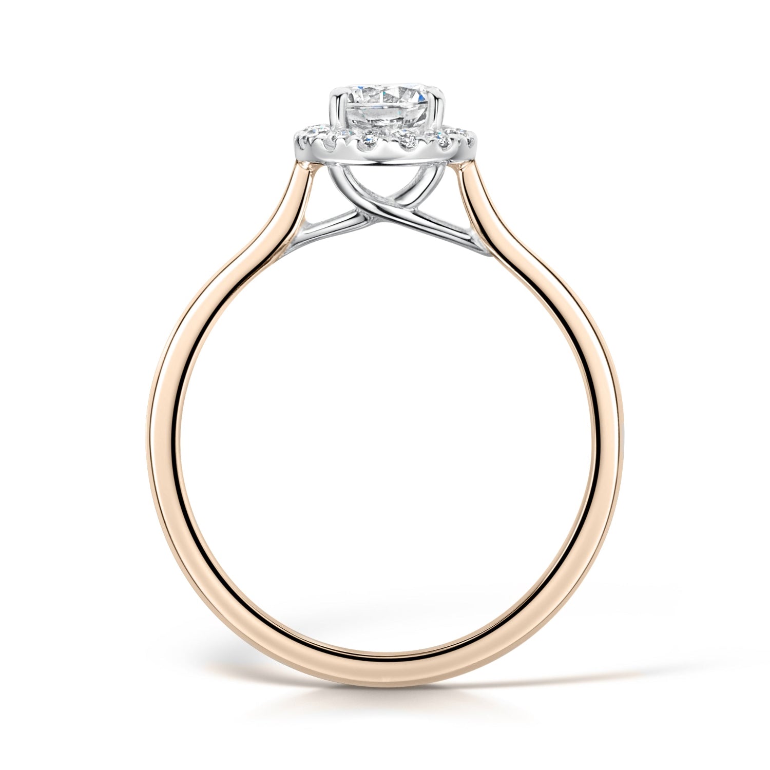 Round diamond halo engagement ring in rose gold - side view on white background 