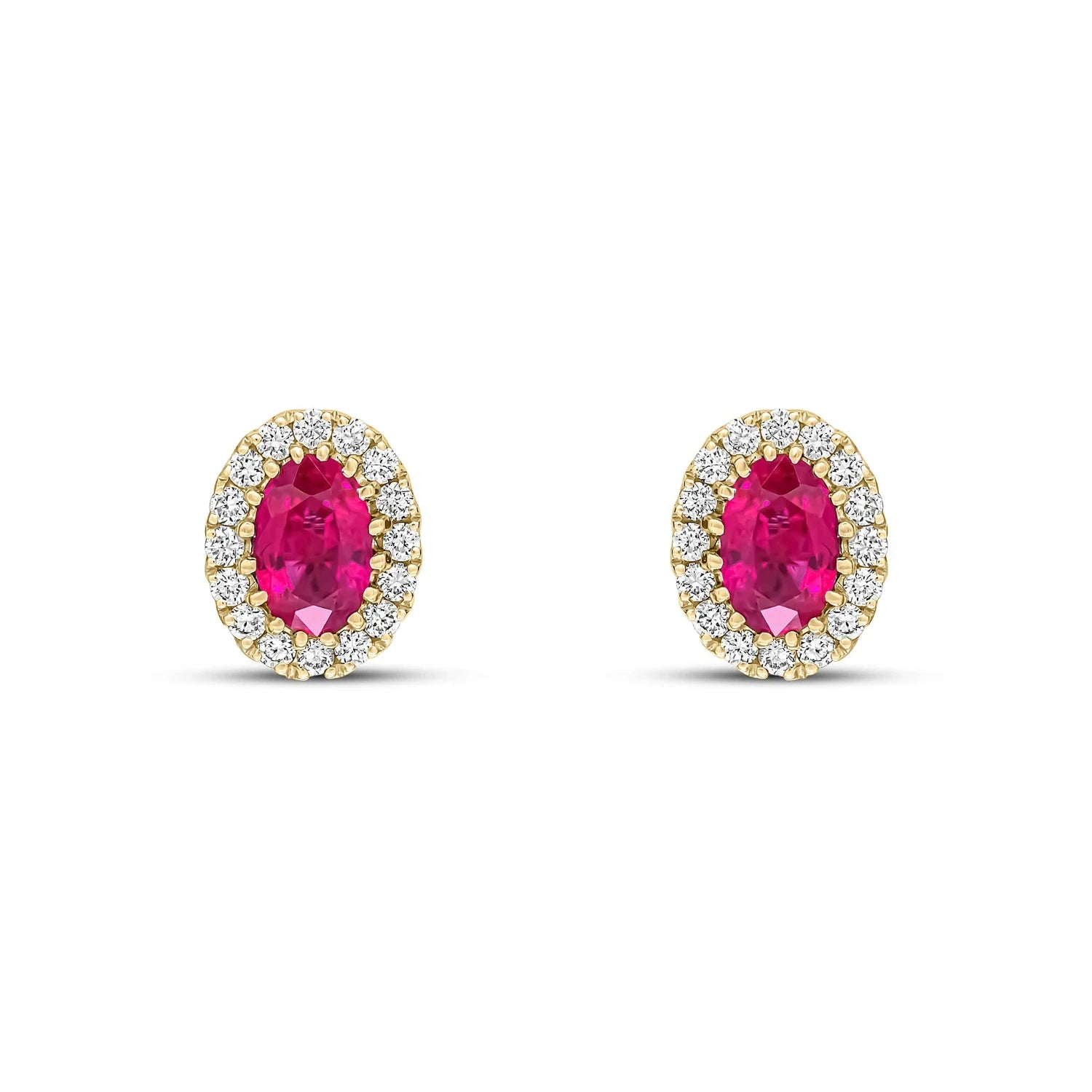 Ruby & Diamond Oval Cluster Earrings in Yellow Gold on white background 