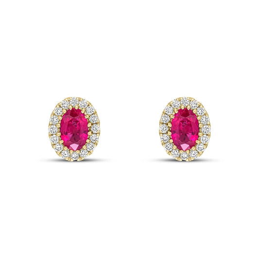 Ruby & Diamond Oval Cluster Earrings in Yellow Gold on white background 
