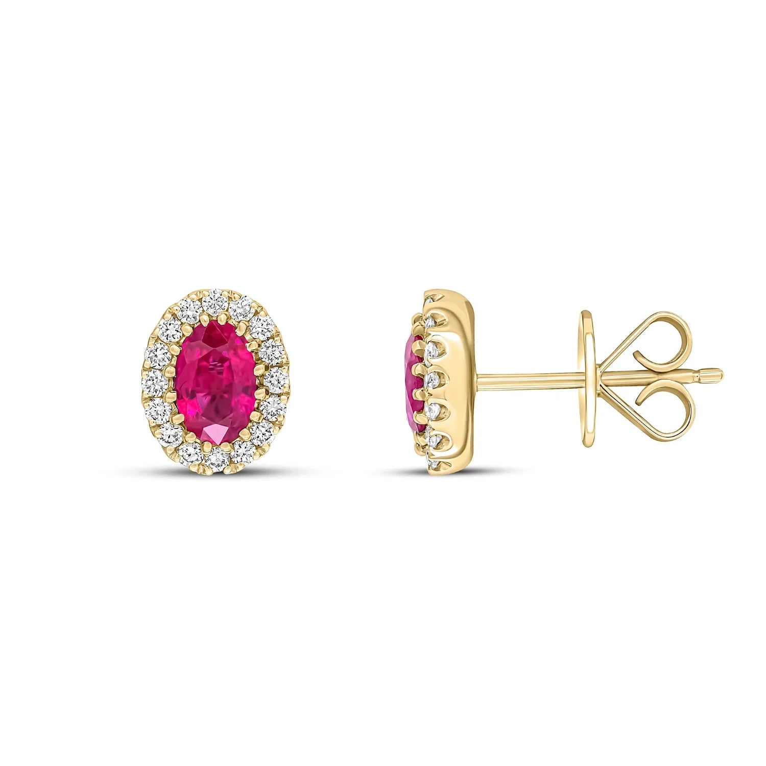 Ruby & Diamond Oval Cluster Earrings in Yellow Gold - Side view on white background