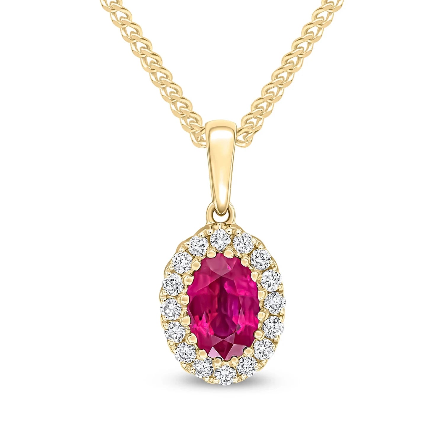 Ruby & Diamond Oval Cluster Pendant in Yellow Gold on white background