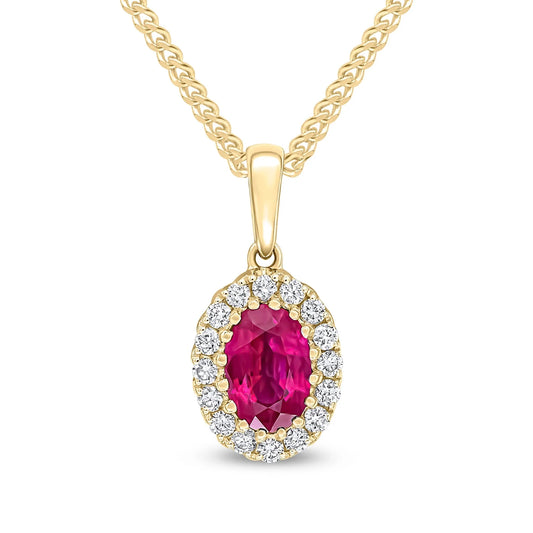 Ruby & Diamond Oval Cluster Pendant in Yellow Gold on white background