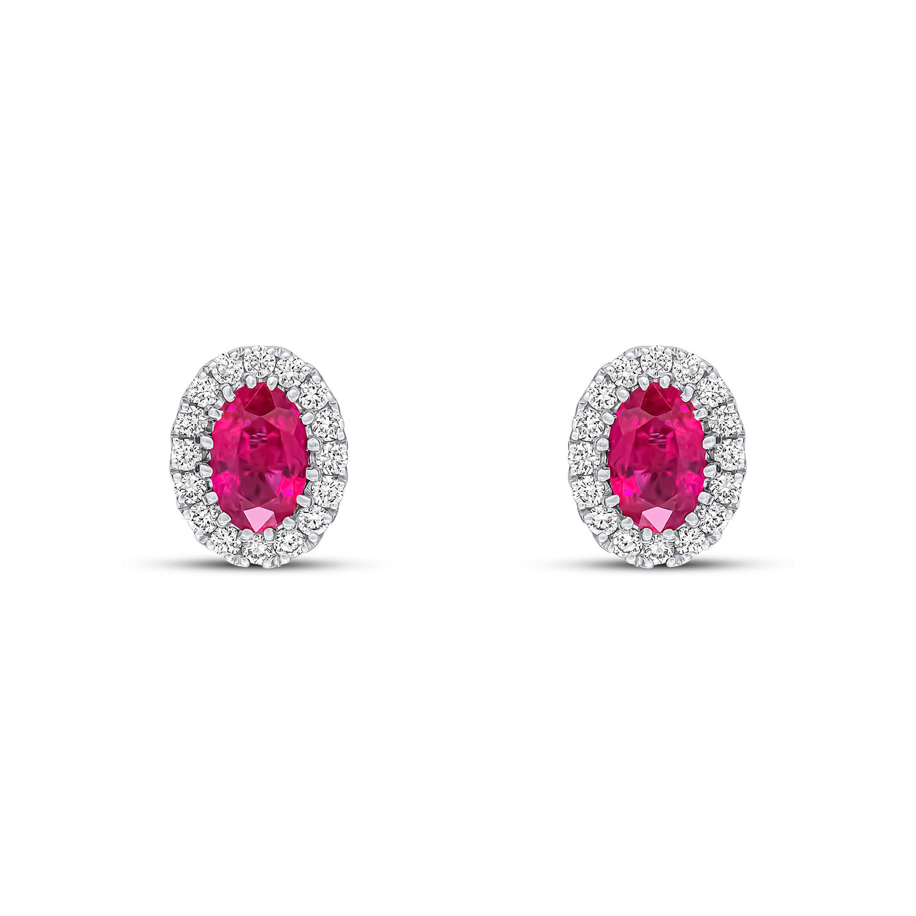 Ruby & Diamond Oval Stud Earrings in White Gold - Front View