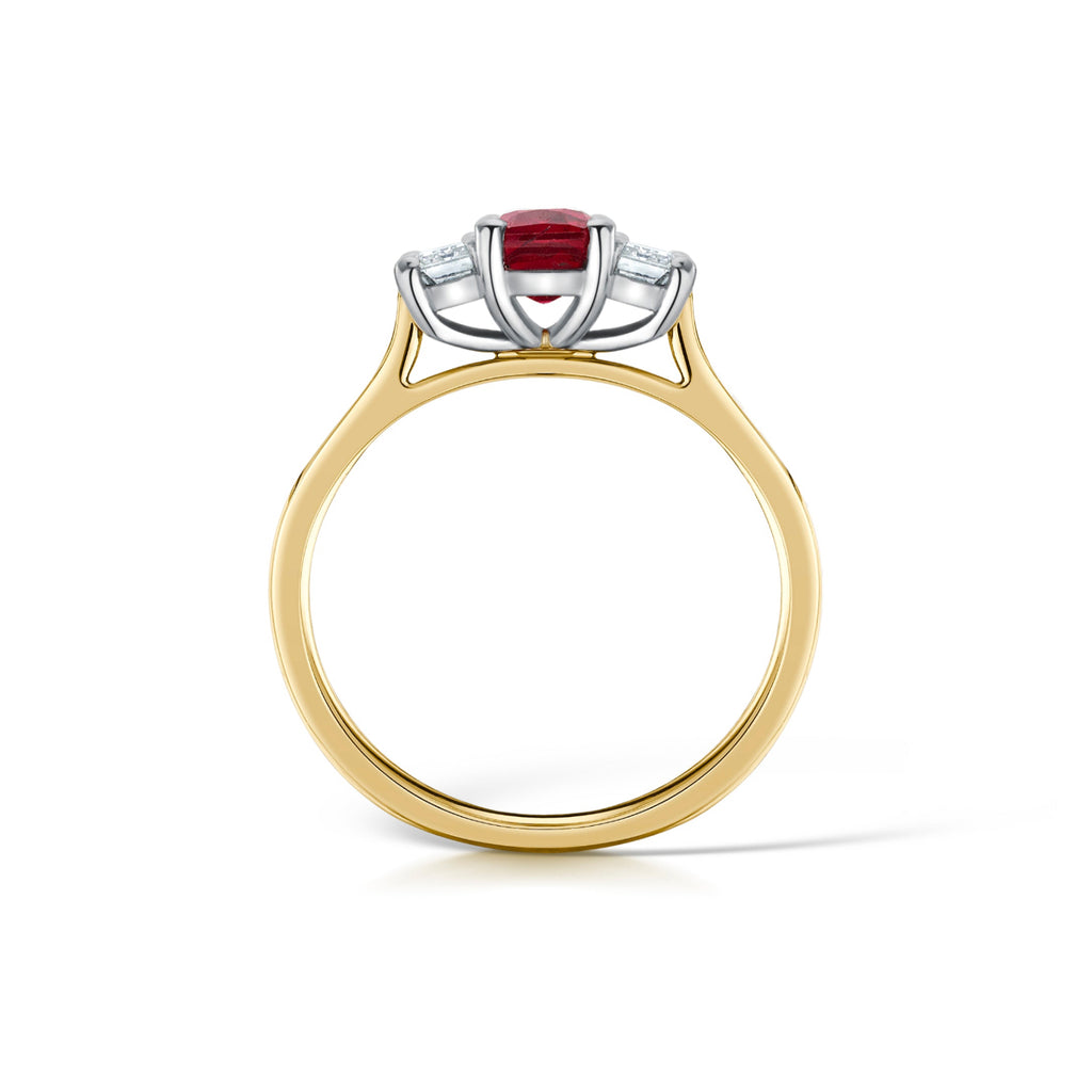 Ruby & Diamond Ring in Yellow Gold & Platinum - Side view on a white background