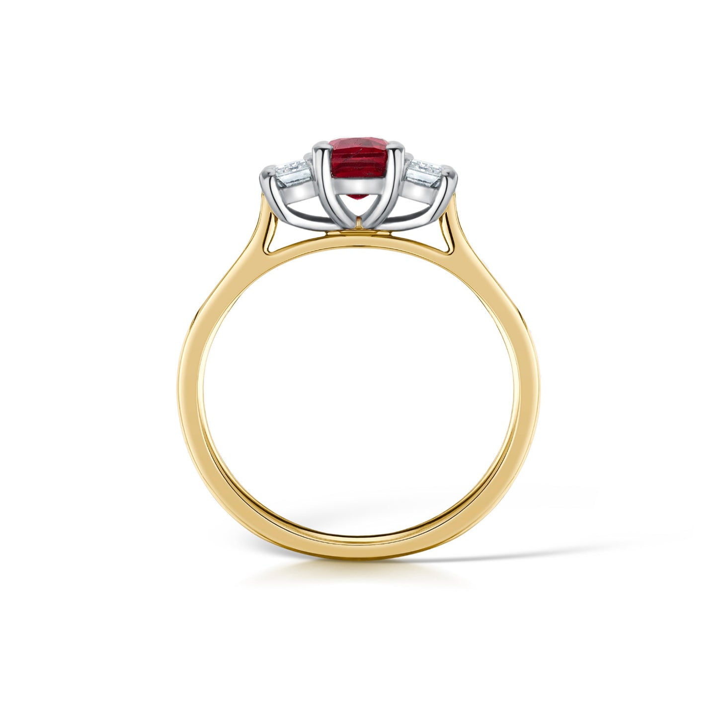 Ruby & Diamond Ring in Yellow Gold & Platinum - Side view on a white background