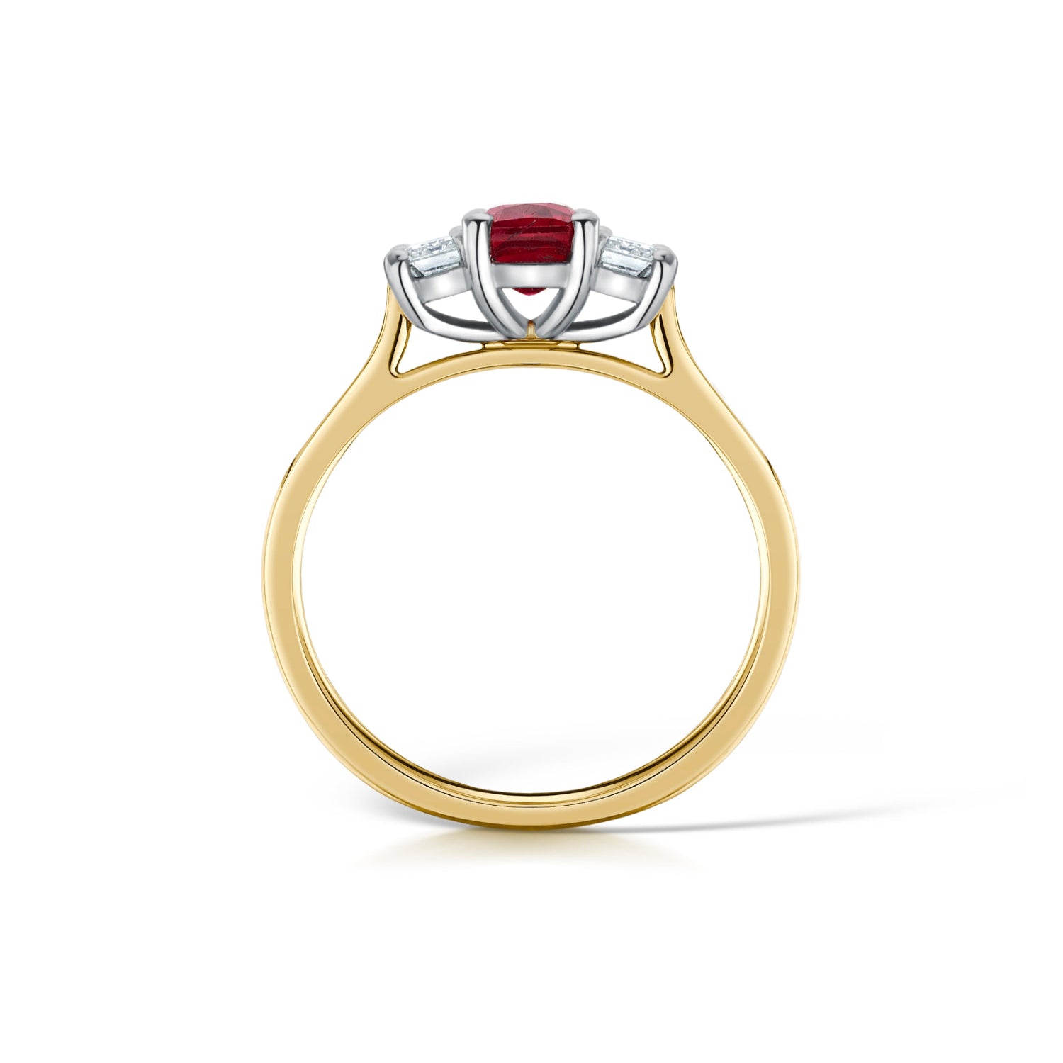 Ruby & Diamond Ring in Yellow Gold & Platinum - Side view on a white background