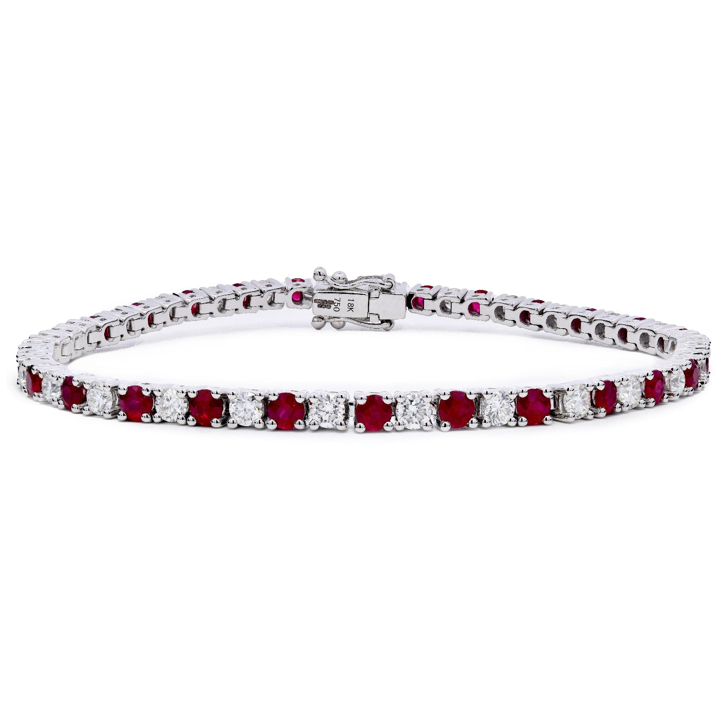 Ruby & Diamond Tennis Bracelet with alternating stones on a white background 