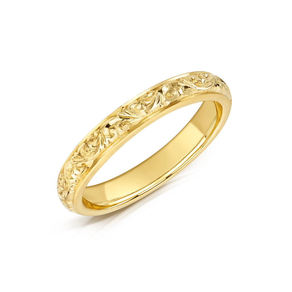 Scroll design hand engraved yellow gold wedding ring