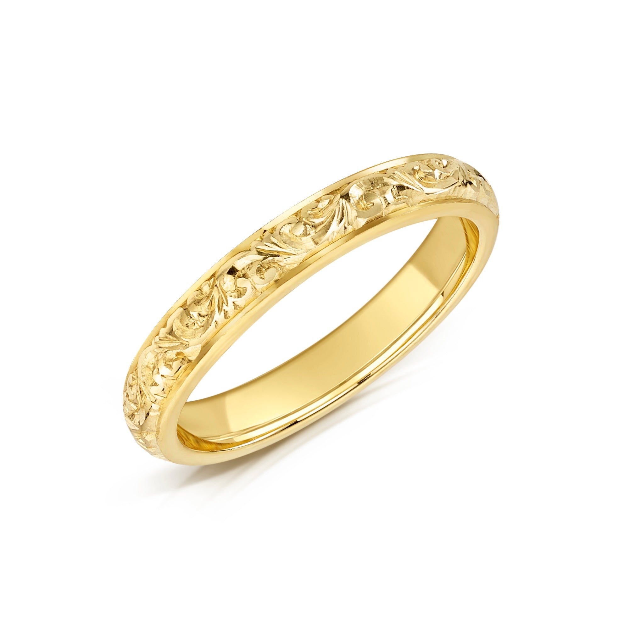 Scroll design hand engraved yellow gold wedding ring